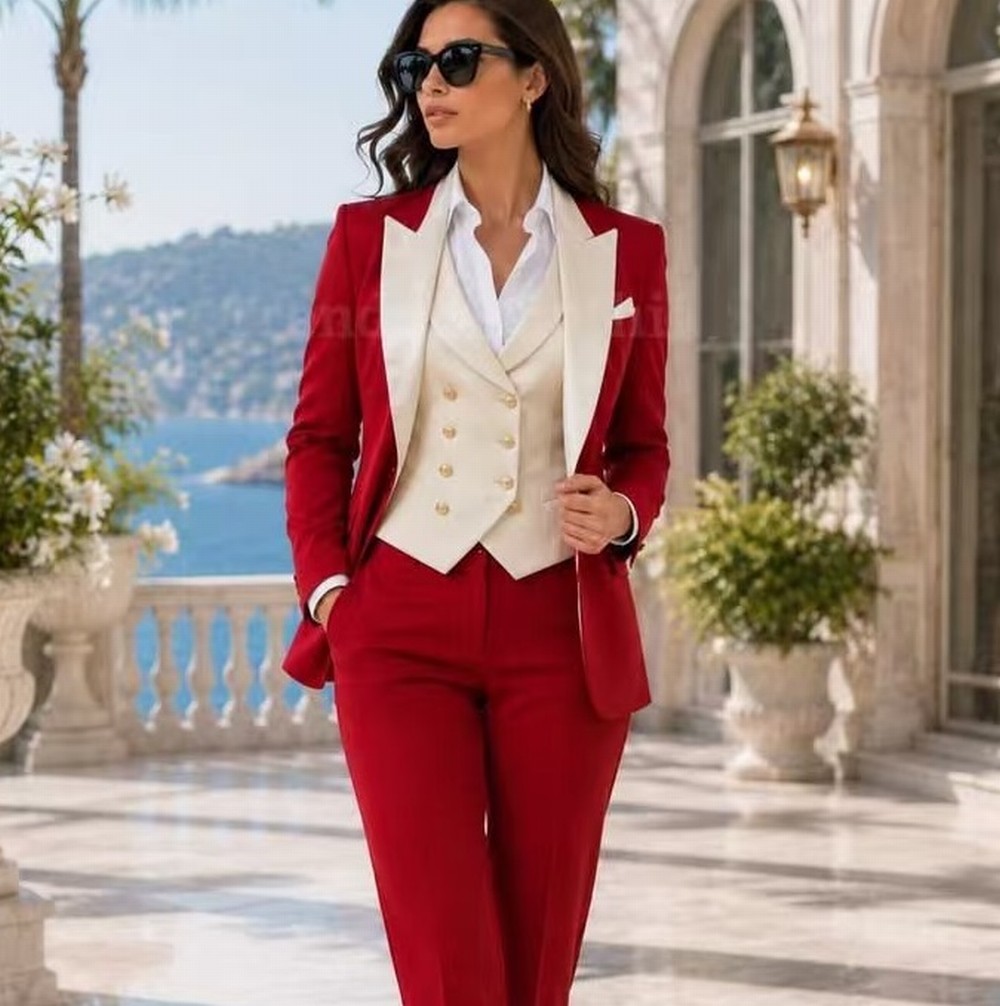 Blazer Set Women Formal - Ivory And Red Formal Business Women