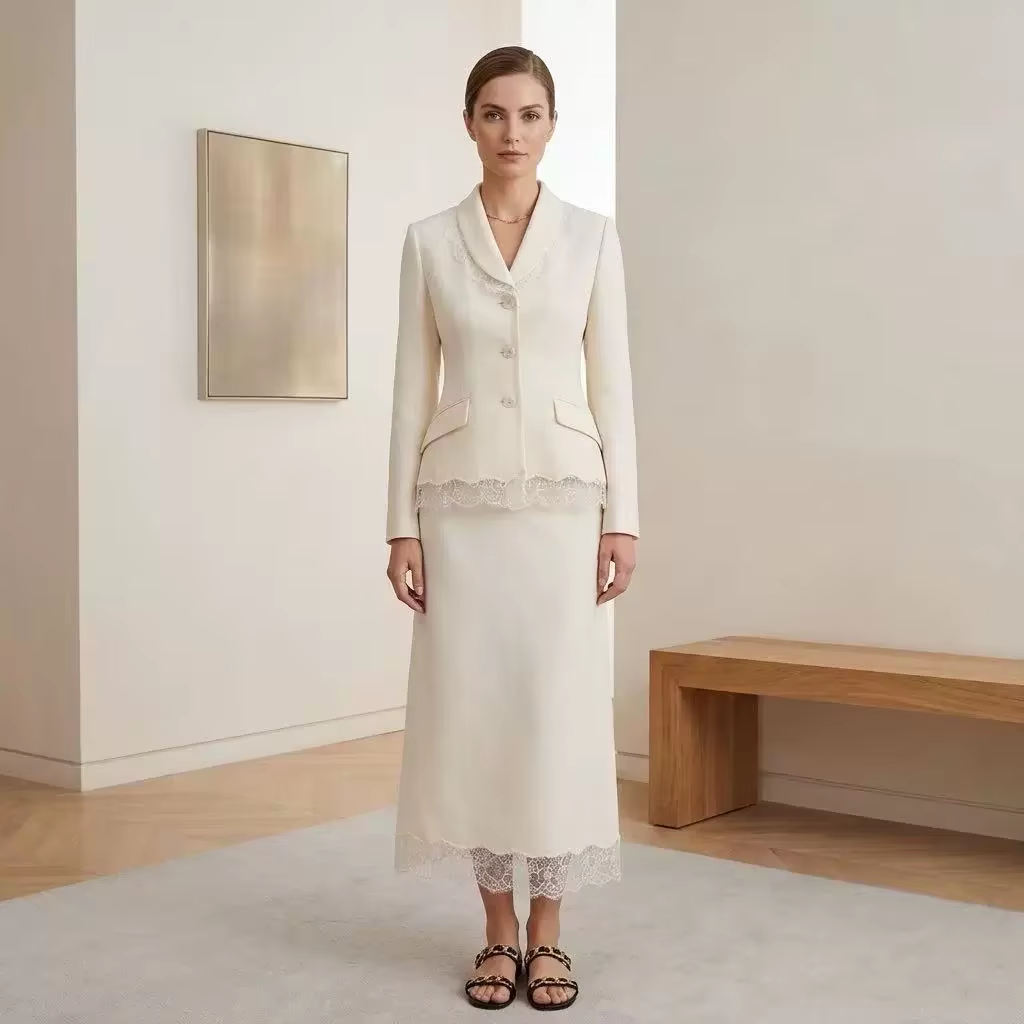 Blazer Set Women Formal - Luxury Wool Silk Blend Skirt Suit