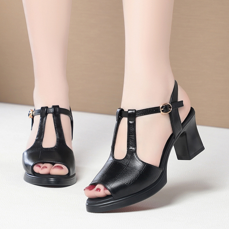 Black Leather T-Strap Peep Toe - Formal Women Daily Wear Sandals recension och pris